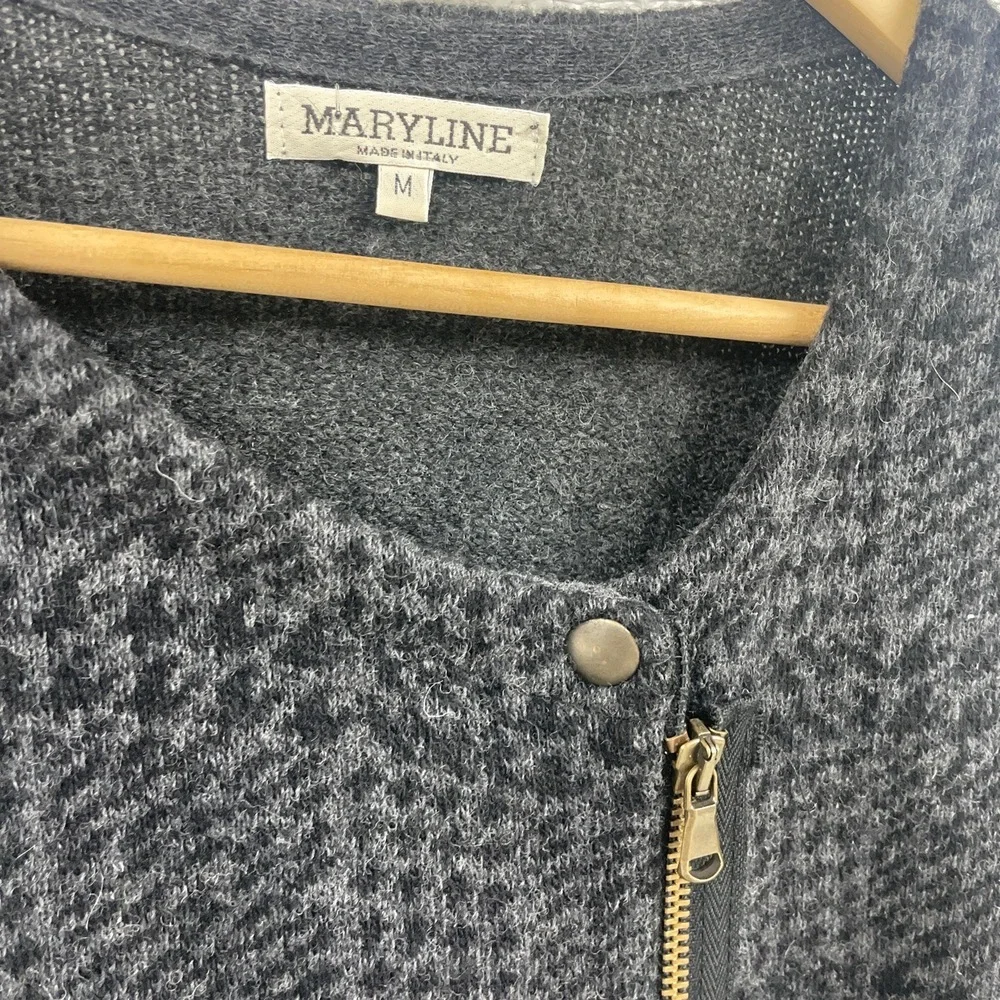 Maryline Italy Grey Black Sweater Jacket Asymmetrical Zip Houndstooth Medium‎
